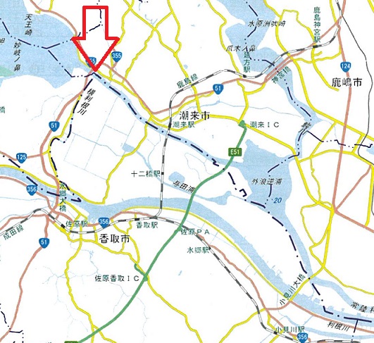 千葉県　北東端　地形図　矢印